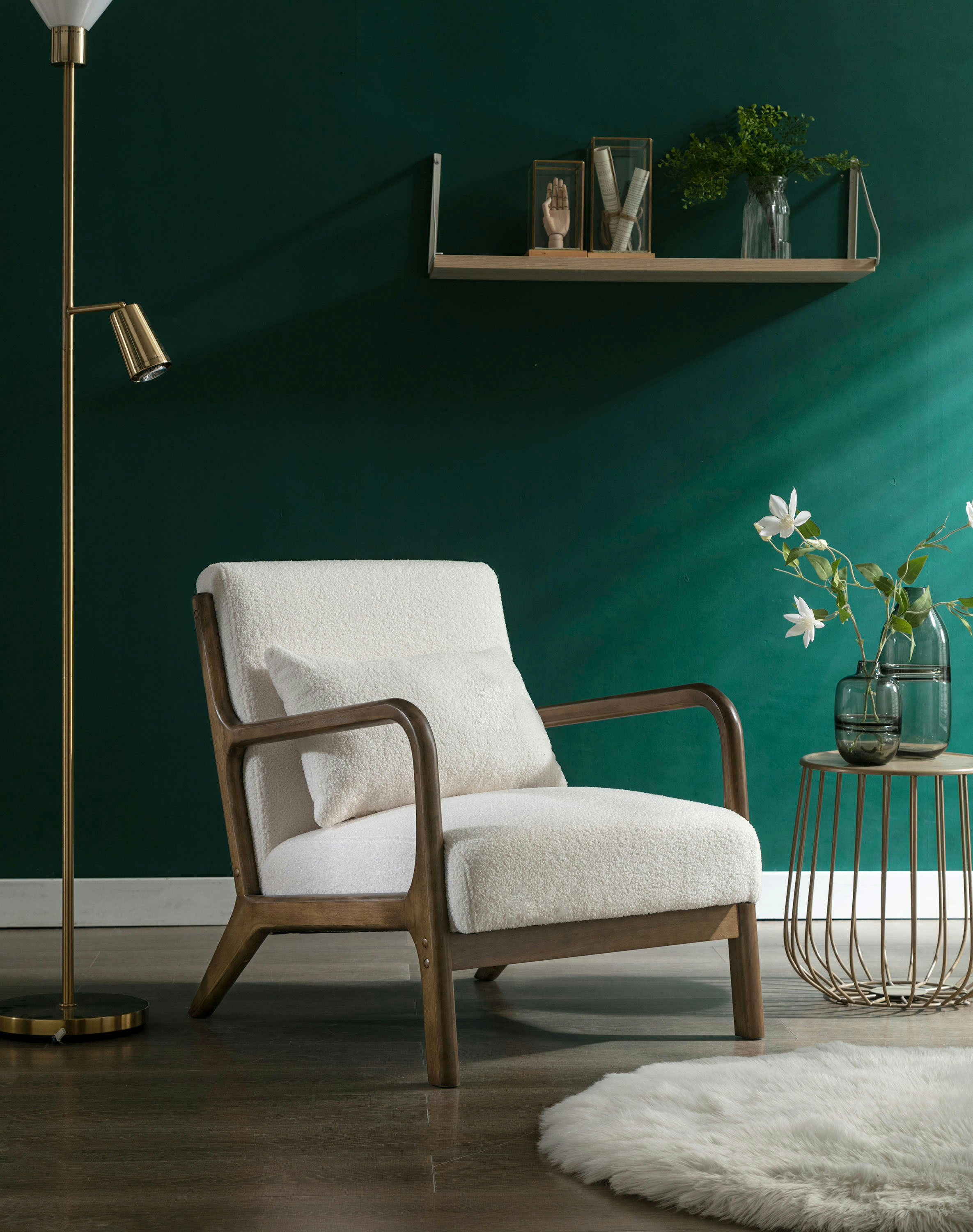 ZACK - Fauteuil lounge avec coussin Bouclette Ecru et bois teinté noyer