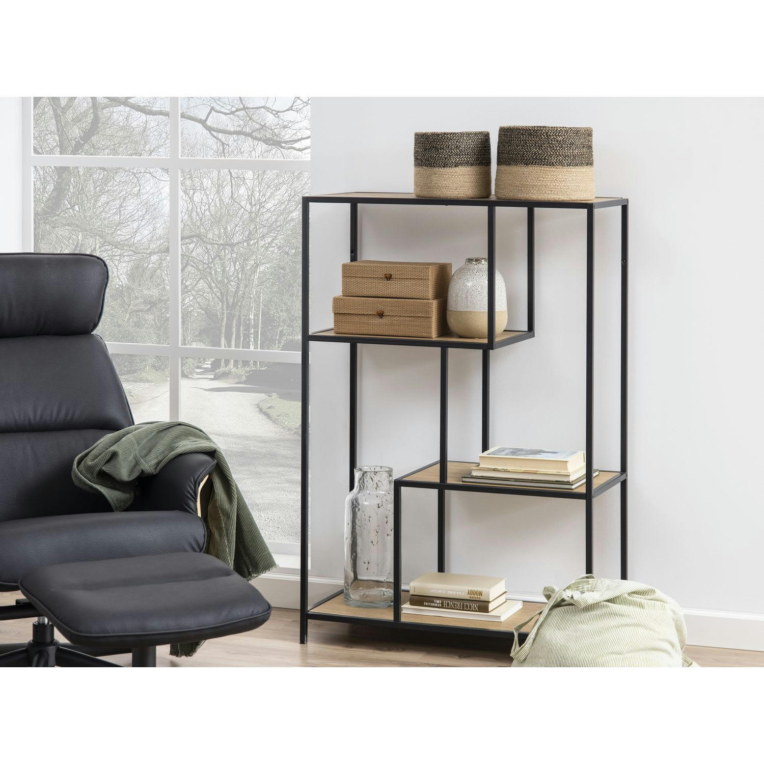 SIREINE - Bibliothèque 3 étagères asymétriques en mdf et métal beige