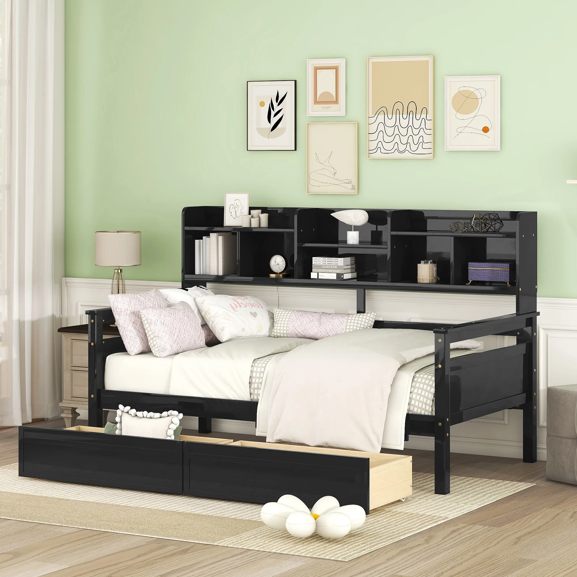 Roomfitters Twin Size Daybed with Slatted Base, Bedside Shelves and Storage Compartments, Modern Frame