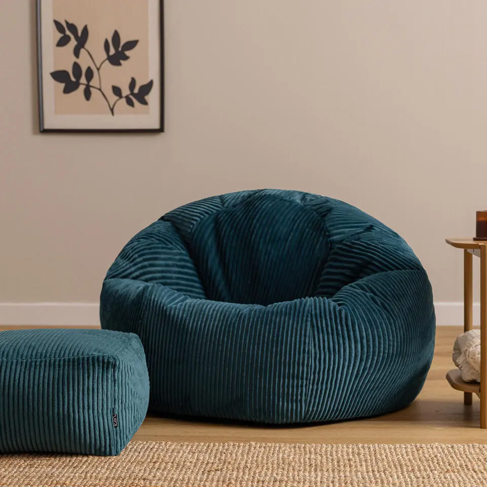 icon - Kingston XL Zitzak Fauteuil met Poef - Ribfluweel - Blauwgroen