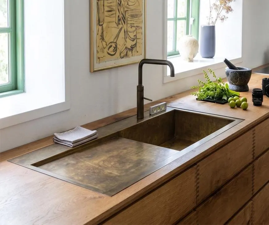 Luxury Handcrafted Brass Kitchen Sink with Integrated Drain Board – Fully Customizable Design