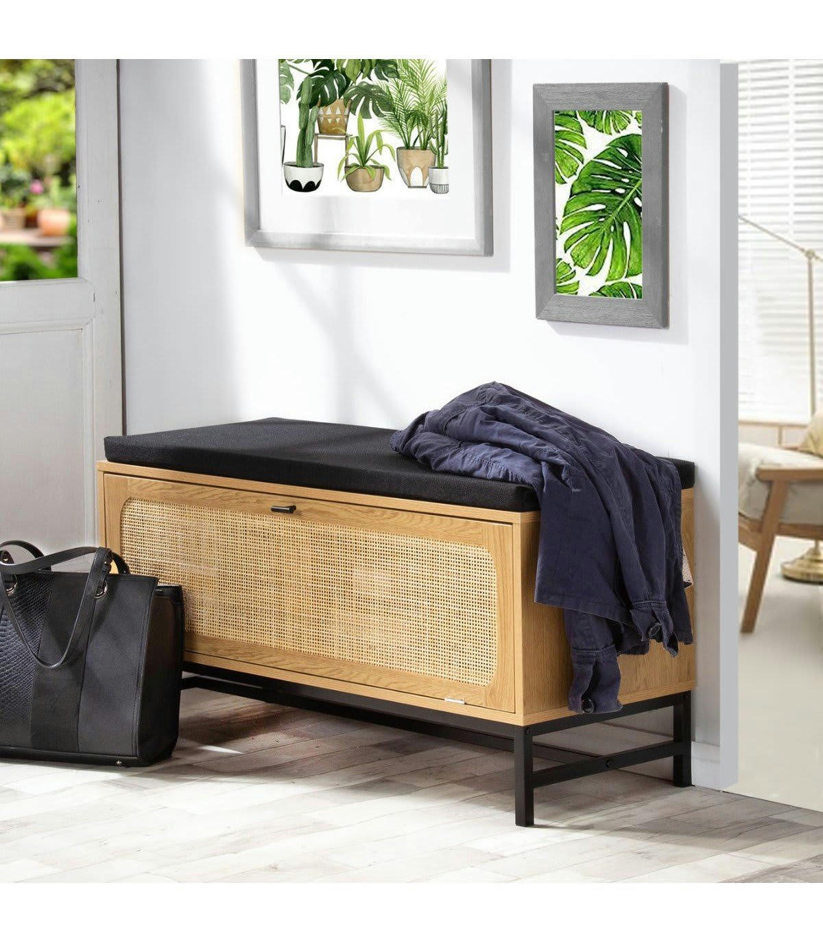 JAYA - Banc avec rangement chaussures effet bois et façade en rotin L100 cm