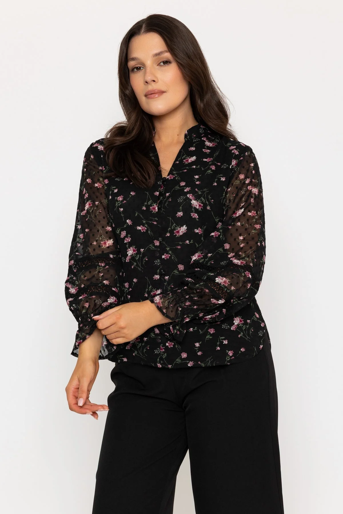 Long Sleeve Floral Boho Blouse in Black