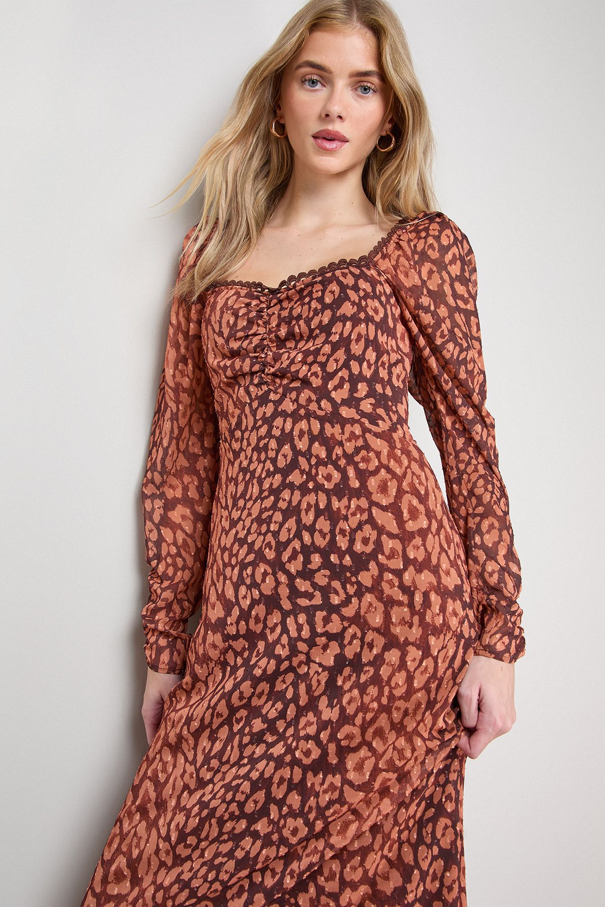 Oasis Printed Chiffon Shoulder Detail Shirred Back Midi Dress