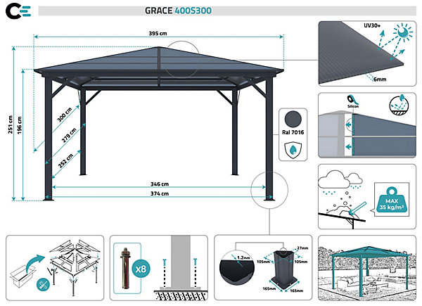 Kiosque de jardin GRACE 4x3m aluminium Gris anthracite