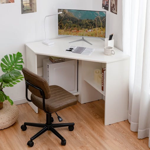 NNECW White Corner Computer Desk with Management Hole for Home Office