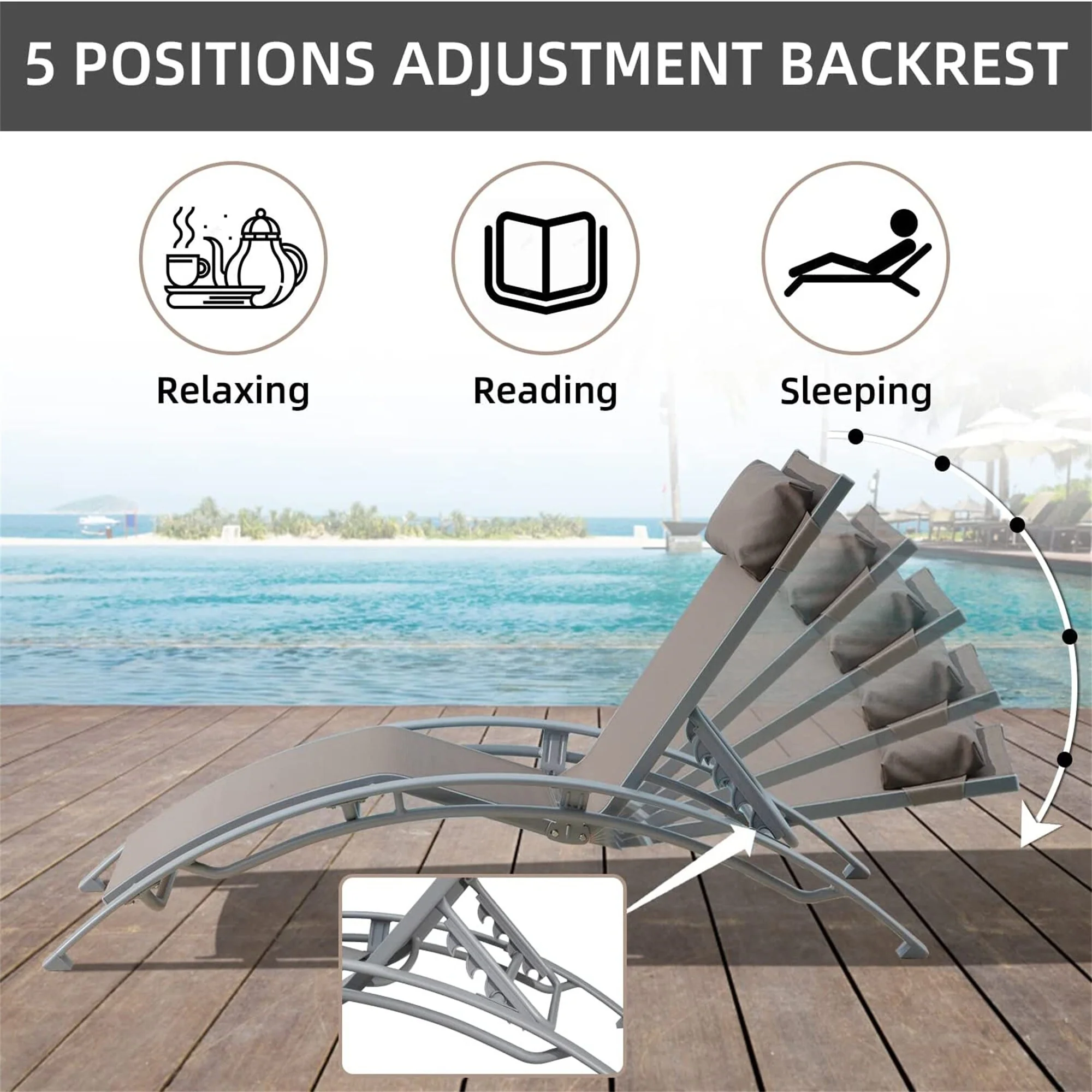 Rustproof Chaise Lounge Chairs Set of 3, Curved Adjustable Outdoor Reclining Chair with Removable Pillow & Side Table