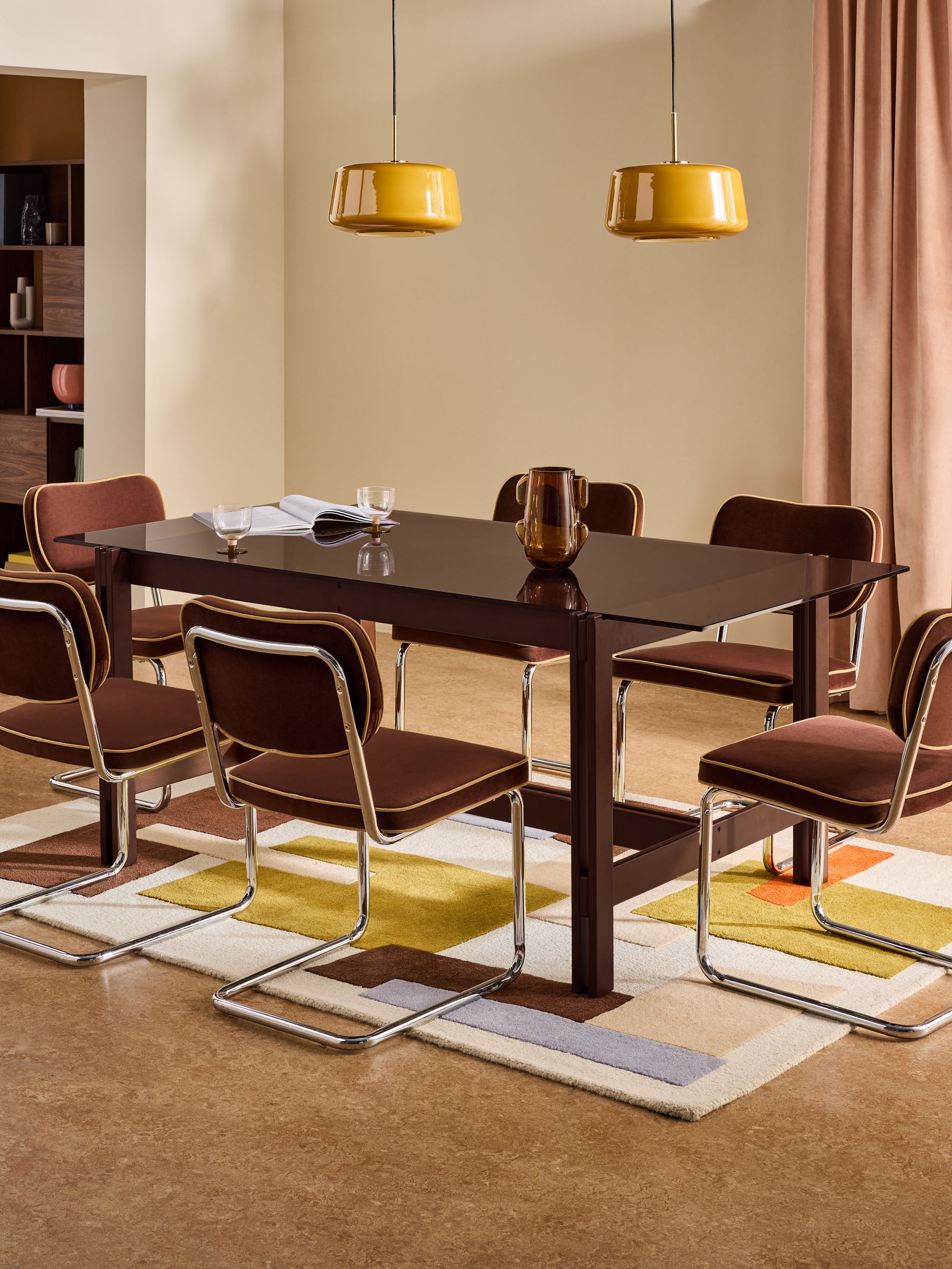 Ellery Glass Fixed 6 Seater Dining Table in Dark Stained Oak
