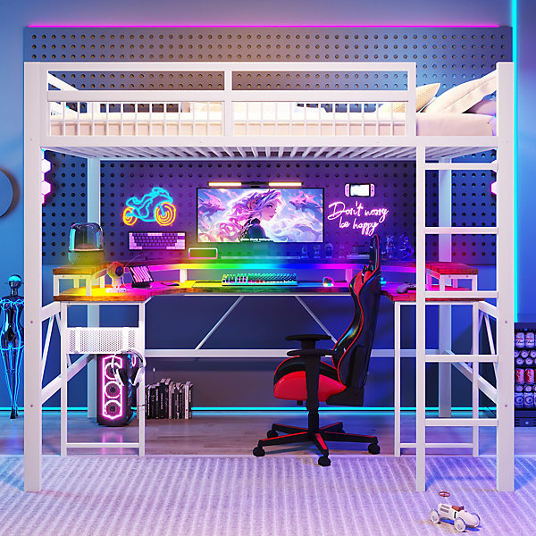 Lit Mezzanine 140x200 cm -Bureau Intégré, éclairage LED Réglable, Panneau Perforé, Ports USB, Type-C et 2 Prises - Métal/MDF Blanc