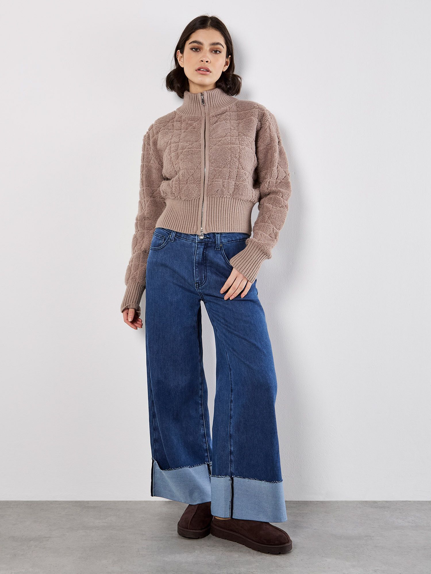 Apricot Boucle Knit Cropped Zip Cardigan