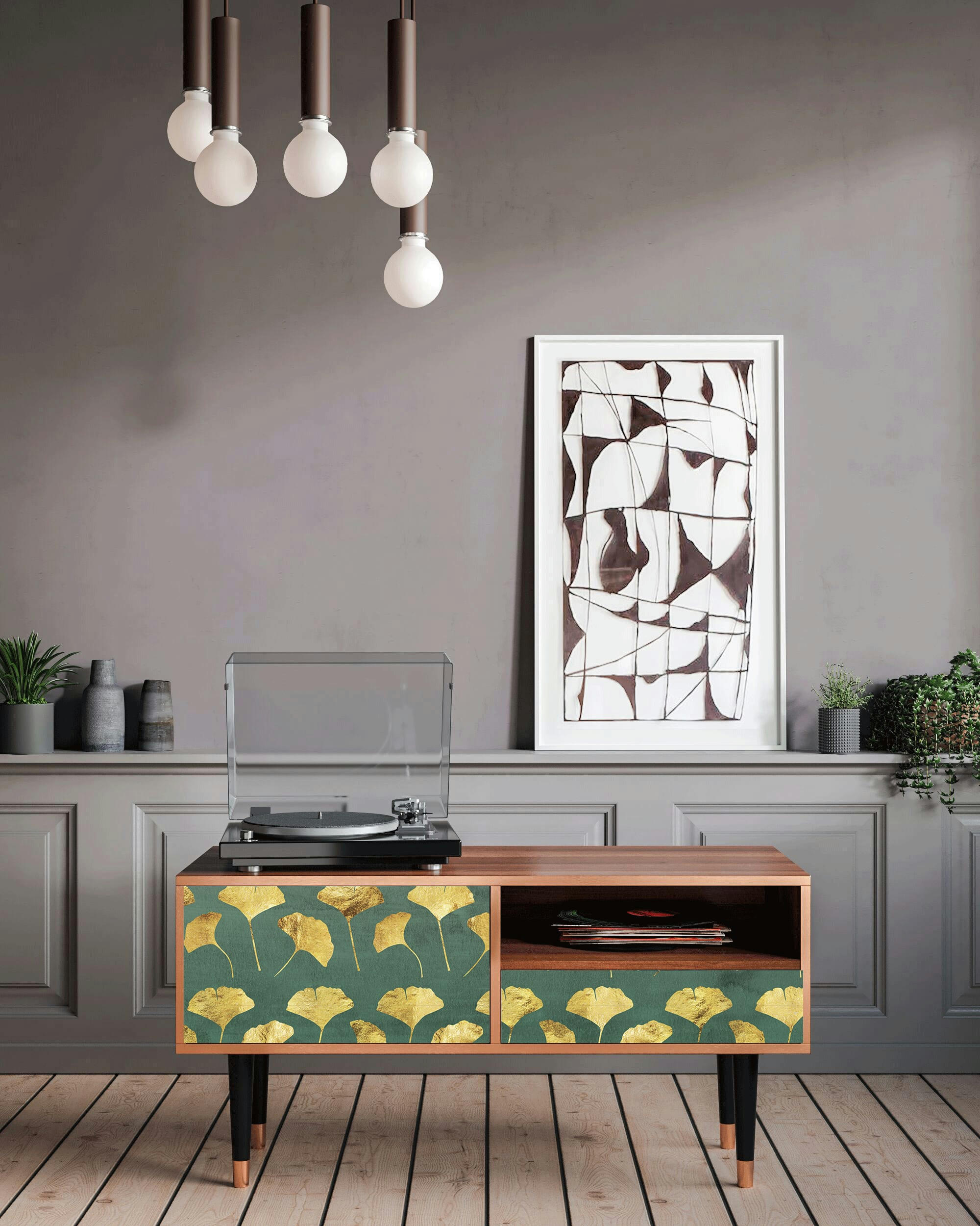 GINGKO LEAVES - Meuble TV  vert et jaune 1 tiroir et 1 porte L 115 cm