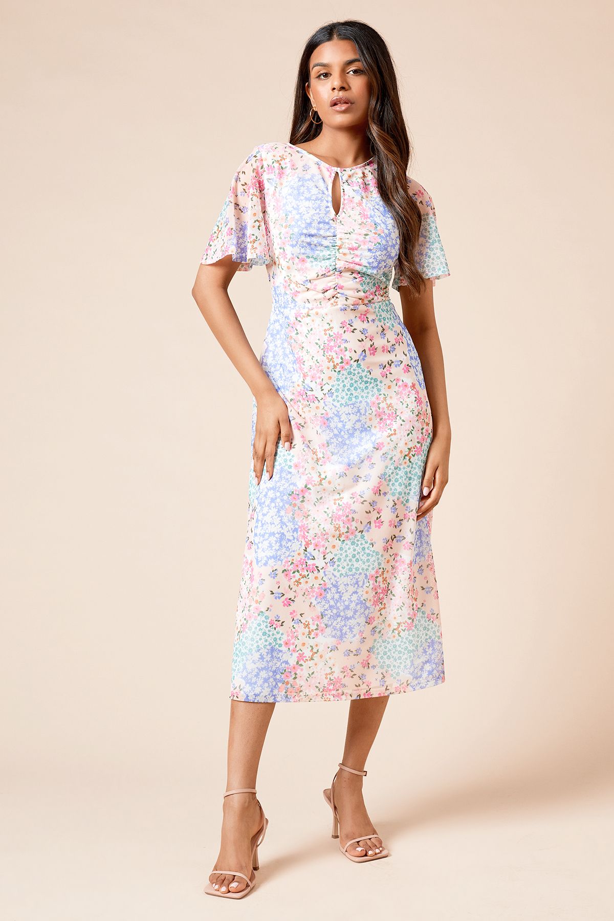 Dorothy Perkins Petite Floral Angel Sleeve Keyhole Mesh Jersey Midi Dress