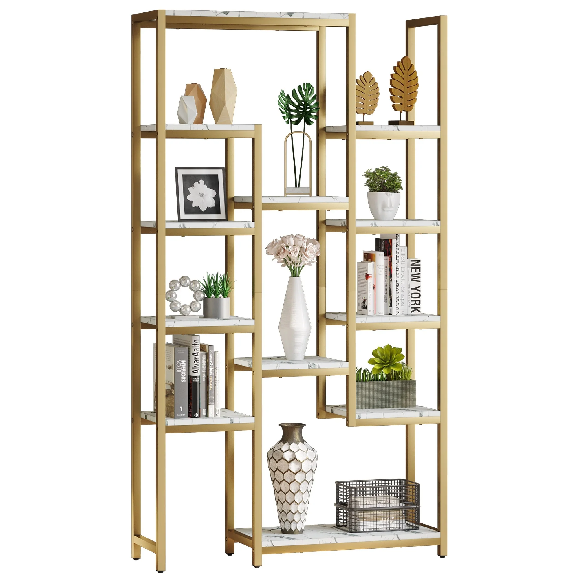 Wood 6-Tier Gold Bookshelf 71 Tall Modern Free Standing Bookshelf with 12 Shelves