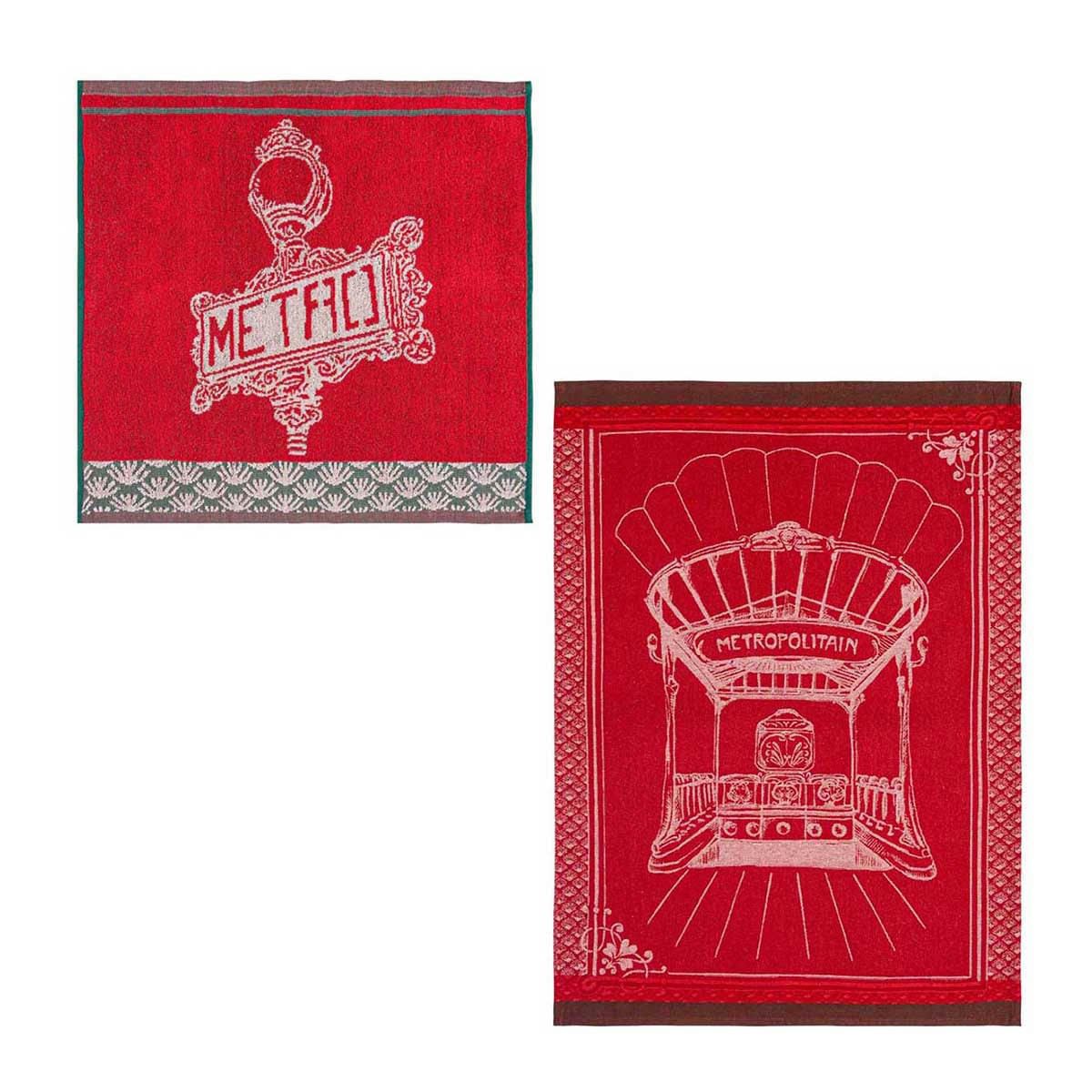 MÉTRO - Lot 1 torchon et carré éponge en jacquard de coton rouge moyen 50x75