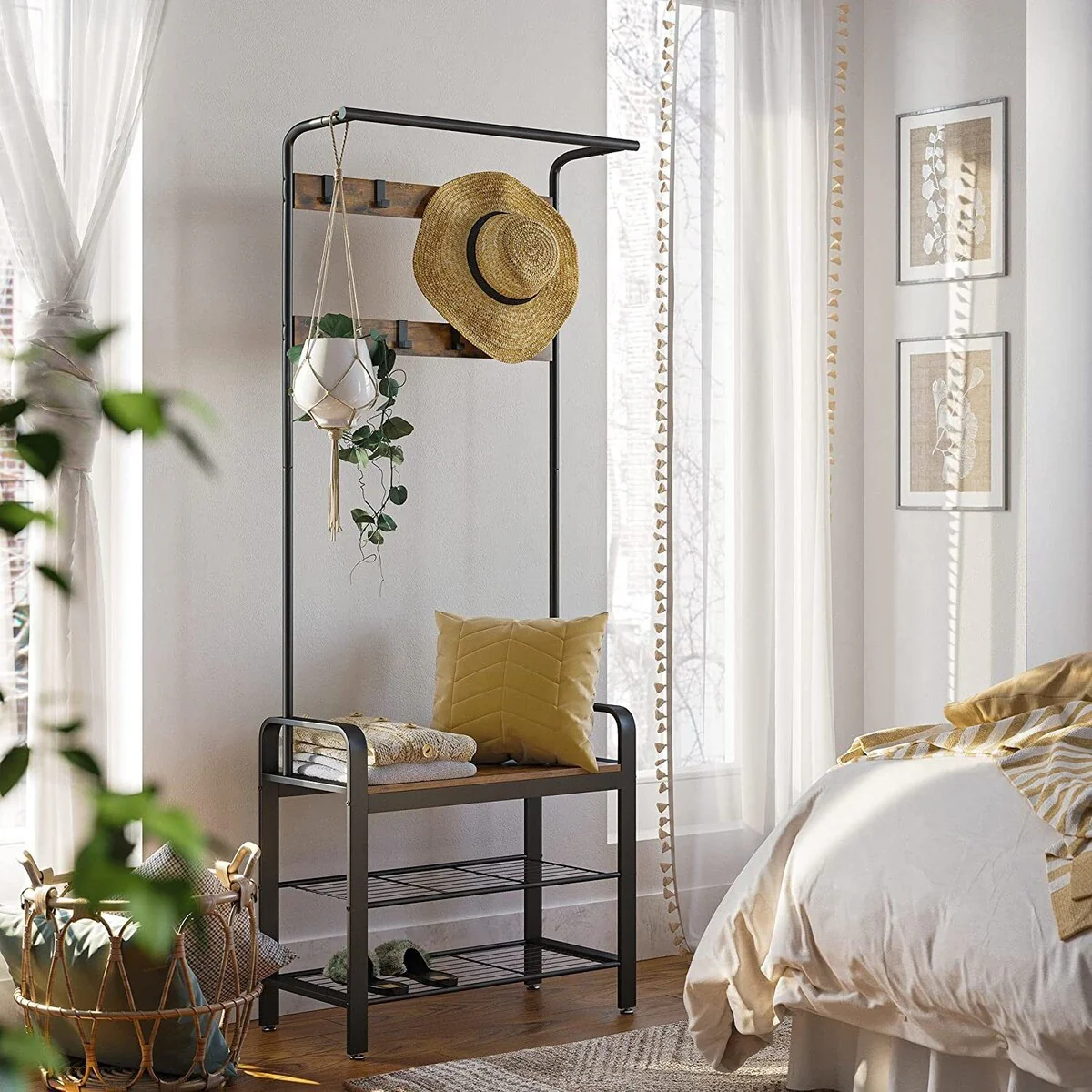 BOSCARE Coat Rack Hall Tree with Shoe Bench for Entryway Industrial Accent Furniture with Steel Frame 3-in-1 Design