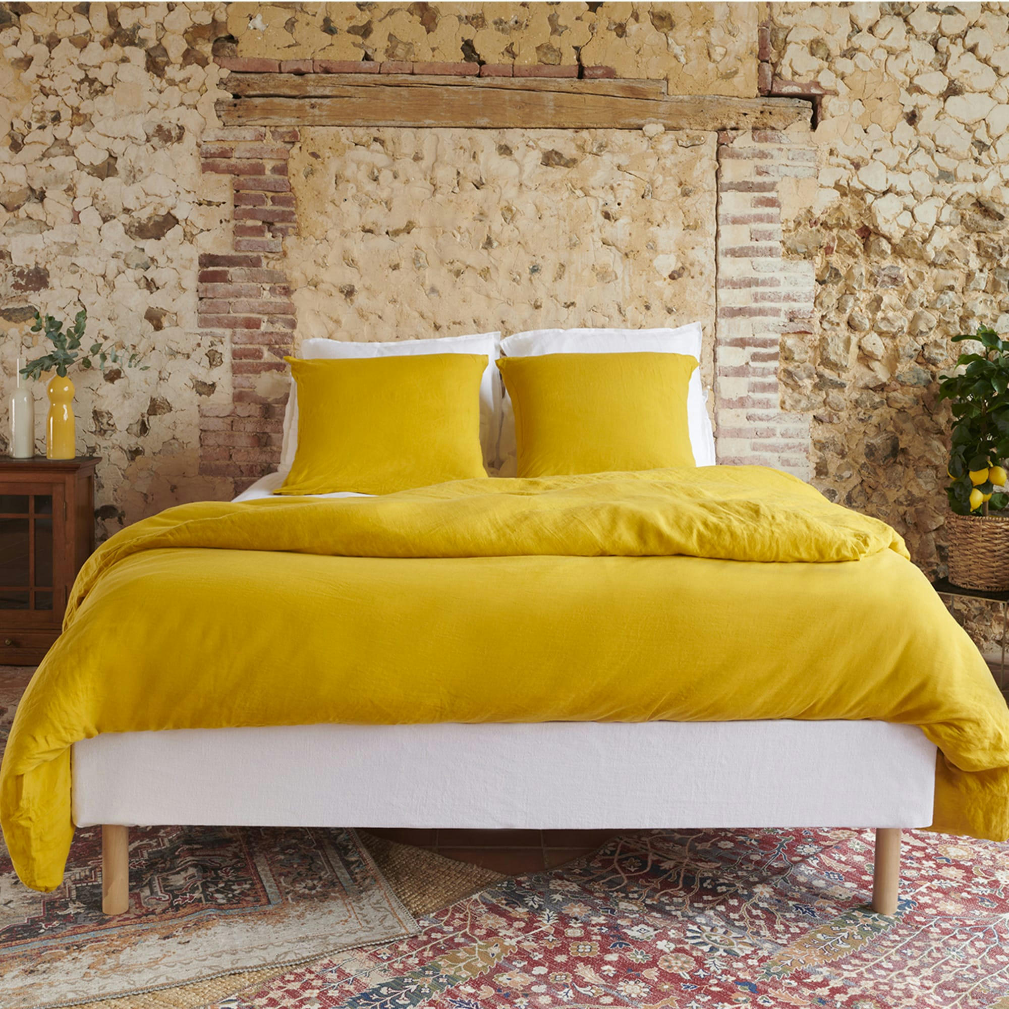 PARURE LIN - Housse de couette en lin jaune 240x220cm  + 2 taies jaune 65x65cm