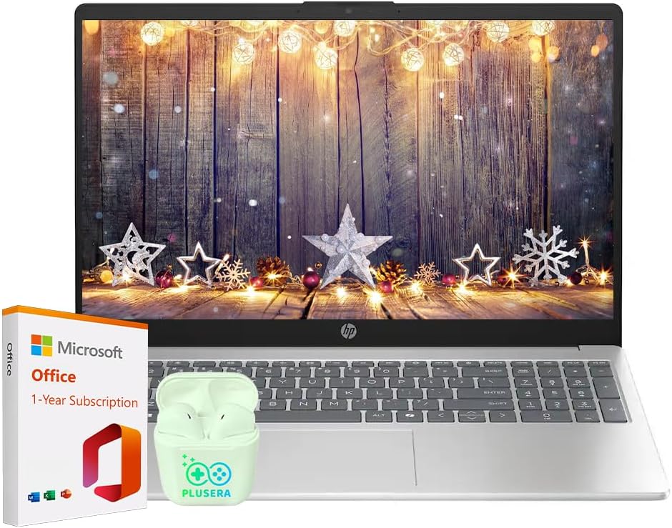HP 15.6 Business Laptop with Microsoft Office 365 with Copliot AI, 16GB RAM 128GB SSD, Quad-Cores Intel Processor, Windows 11, PLUSERA Earphones, Natural Silver