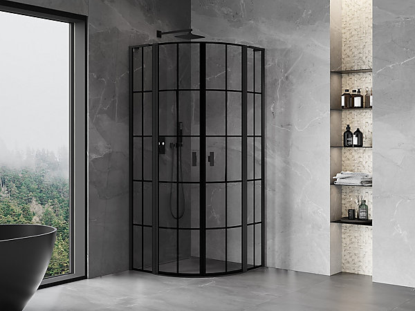 Mexen Mist L cabine de douche quart-de-rond pivotante 90 x 90 cm, grille noire, noir - 8A32L-090-090-70-77