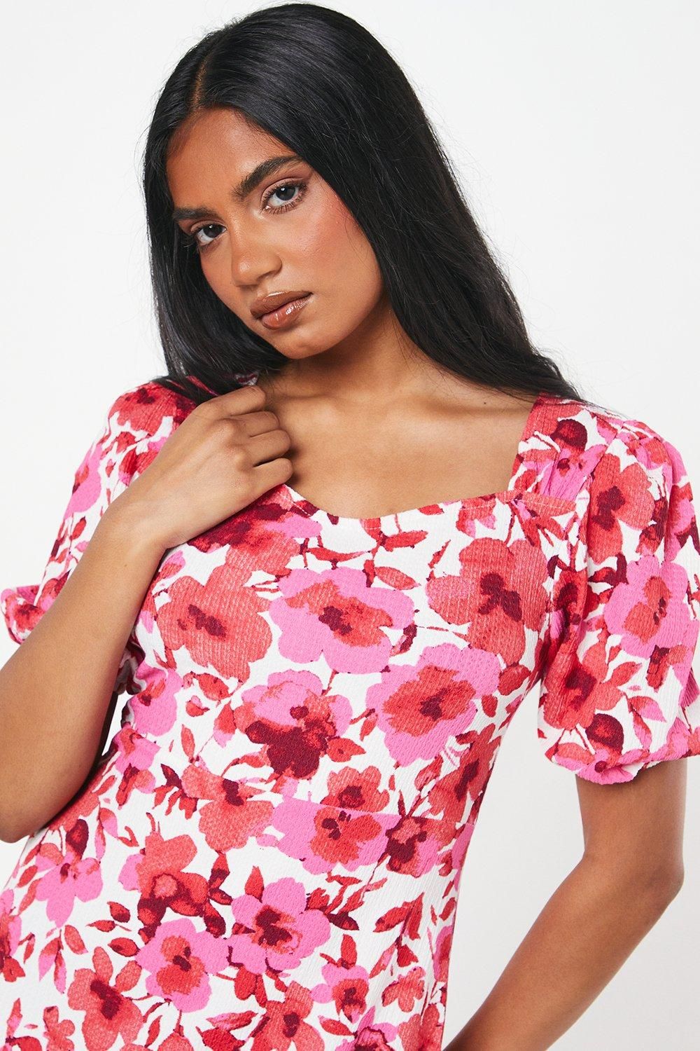 Dorothy Perkins Petite Pink Floral Sweetheart Neck Midi Dress