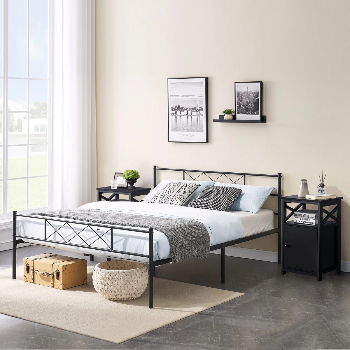 Taomika 3-Pieces Platform Bed Frame and Modern Nightstands Sets