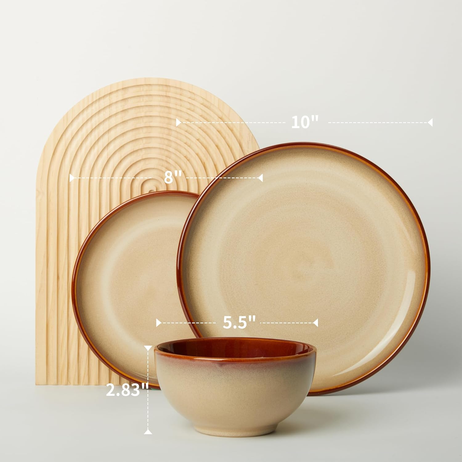 Pokini Ceramic Dish Set for 6, 18 Piece Dinnerware Set for Small to Medium Families, Reactive Glaze Design, Dishwasher & Microwave Safe, Brown Yellow