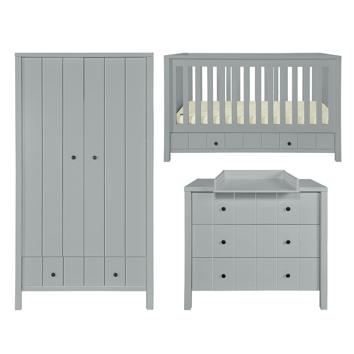 TRIO - ALLPIN - Chambre bébé : Trio - lit évolutif 70x140 commode armoire gris