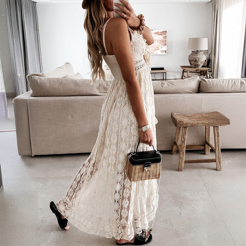 PEACH ACCESSORIES Tassel Detail White Boho Lace Beach Dress Cover-Up