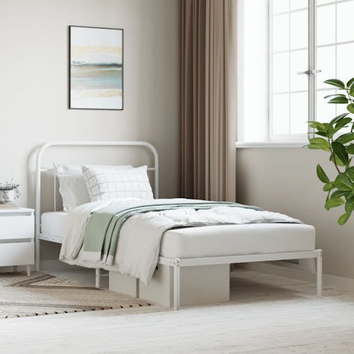 NNEVL Metal Bed Frame with Headboard White 107x203 cm Kingle Single Size