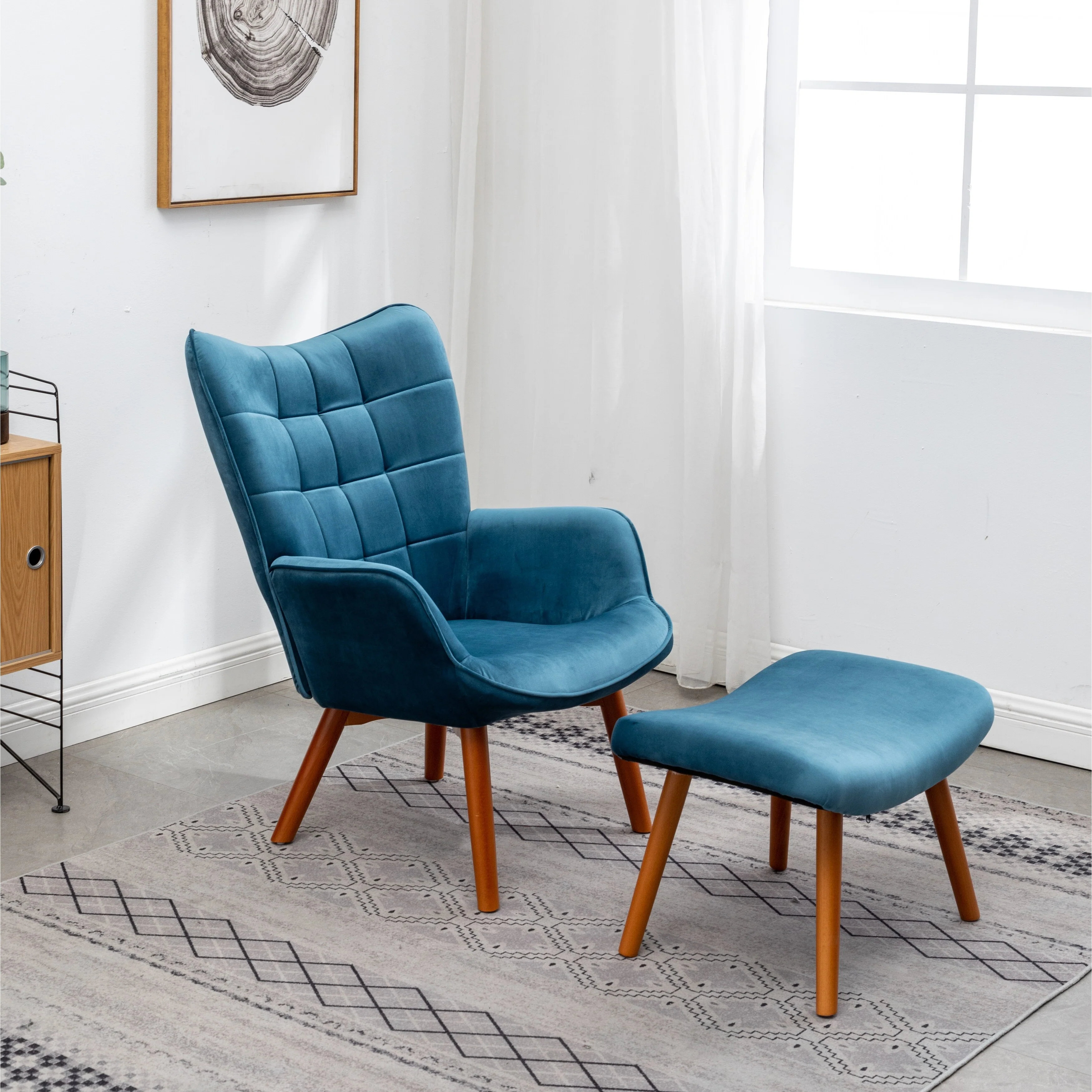 Blue 33 Polyester Button Tufted Accent Chair with Ottoman