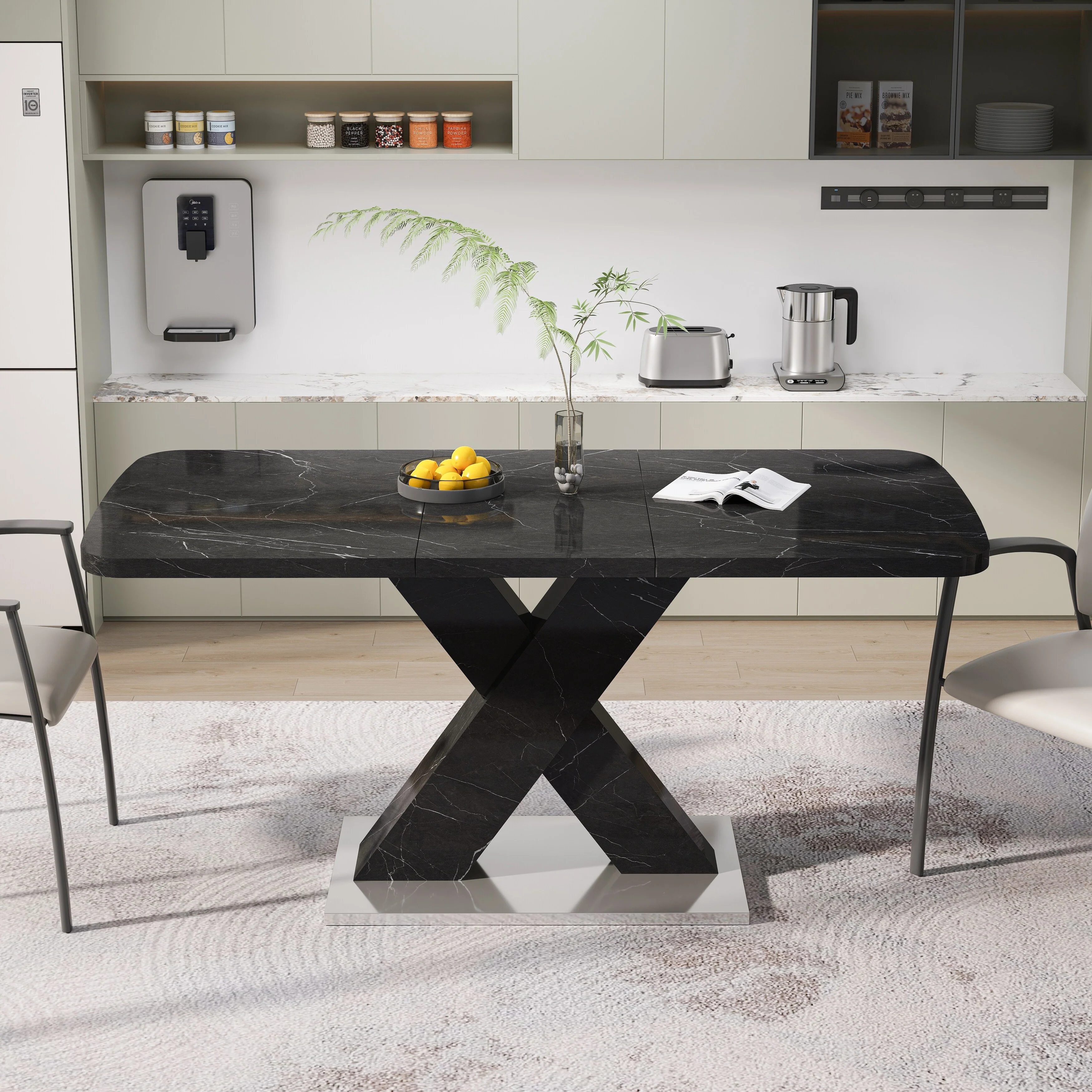 Modern Square Dining Table,Stretchable,Printed Marble Table Top+ X-Shape Table Leg with Metal Base