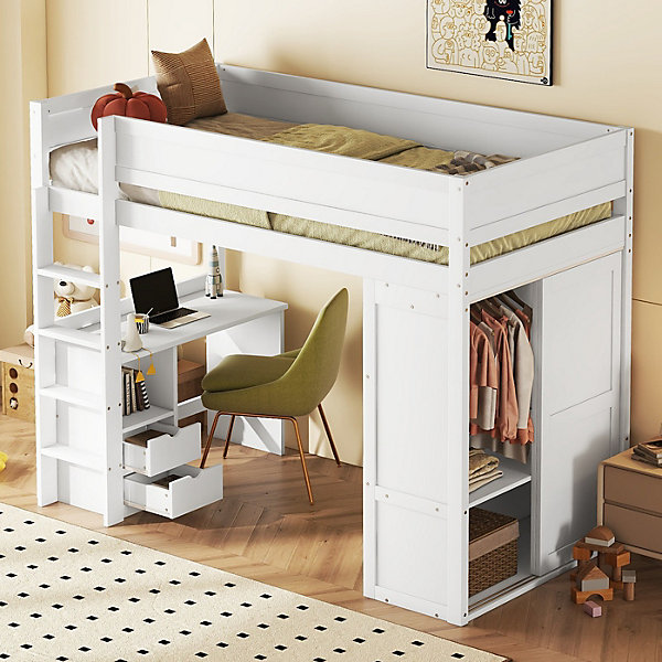 Lit Mezzanine 90 x 200 cm - Lit enfant avec Bureau, Armoire et Tiroirs - Pin   MDF - Sans Matelas - Blanc