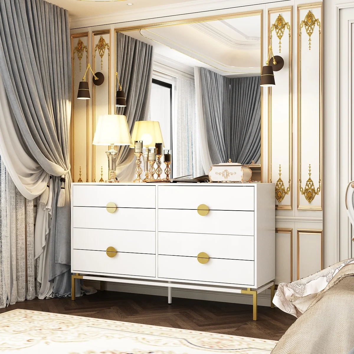 White and Gold Bedroom Dresser - Elegant 8-Drawer Storage Unit Chest
