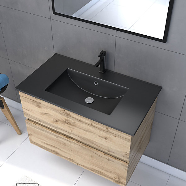 Ensemble sous vasque suspendu effet chêne industriel 2 tiroirs   vasque noire   1 miroir, l.80 cm, Galedo Timber