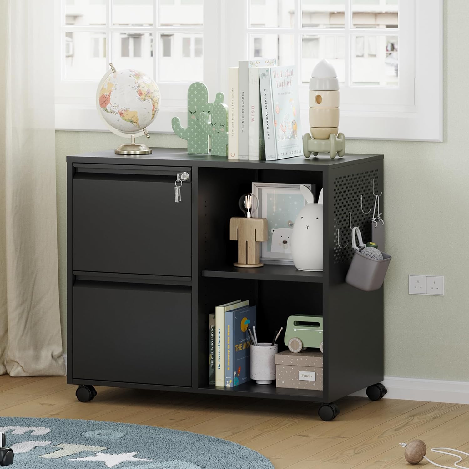 Letaya Mobile File Cabinet, Metal Lateral Rolling Printer Stand Filing Cabinets with Shelves for Home Office-Storage A4/F4 (Black)