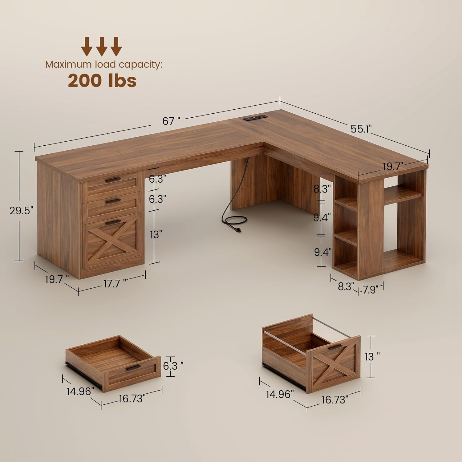 SEDETA 67 Farmhouse L Shaped Desk with 3 Drawers, Executive Home Office Desks with Storage Shelves, Corner Computer Desk with Power Outlets for Home Office, Brown
