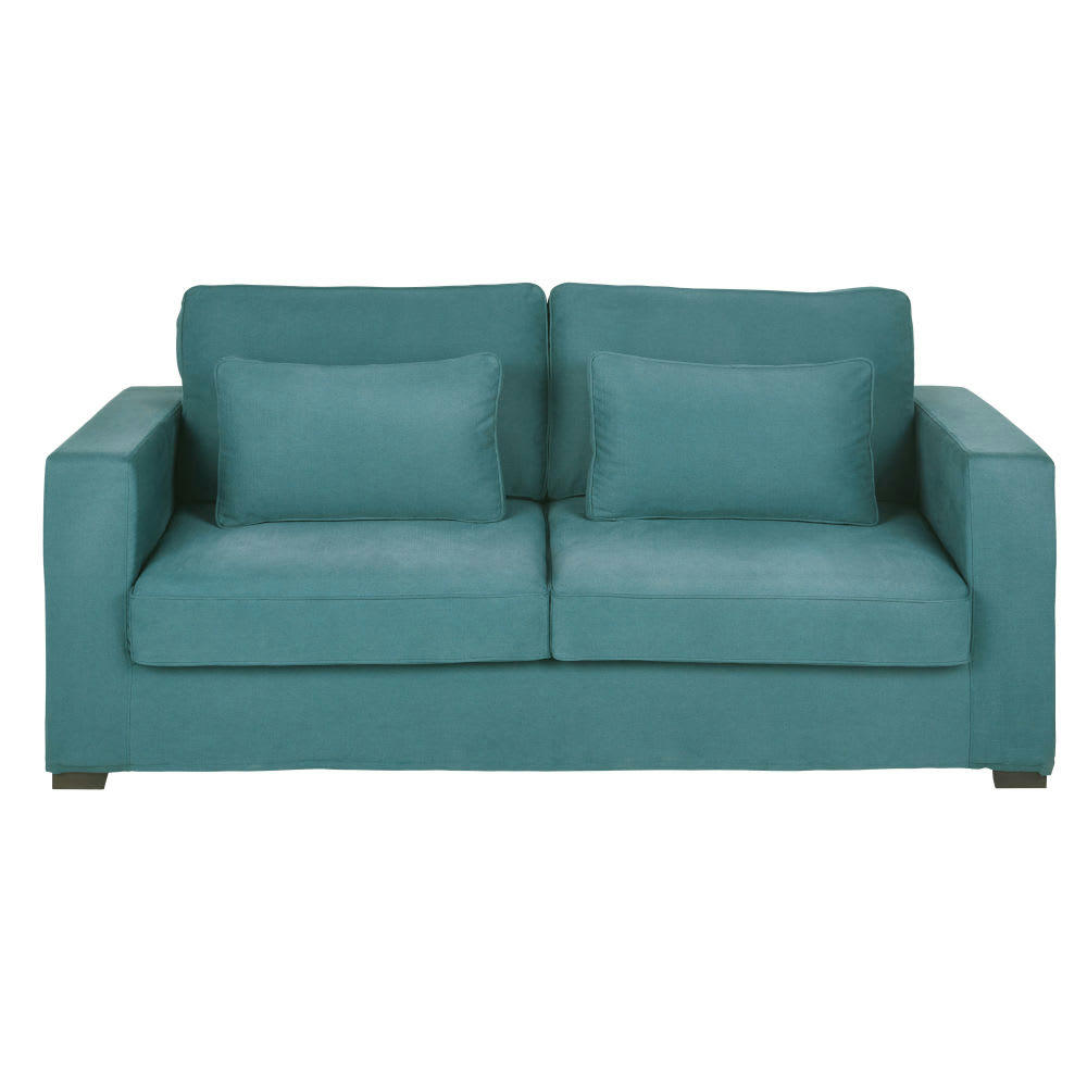 Milano - Canapé convertible 2/3 places en coton et lin bleu canard, matelas 12 cm
