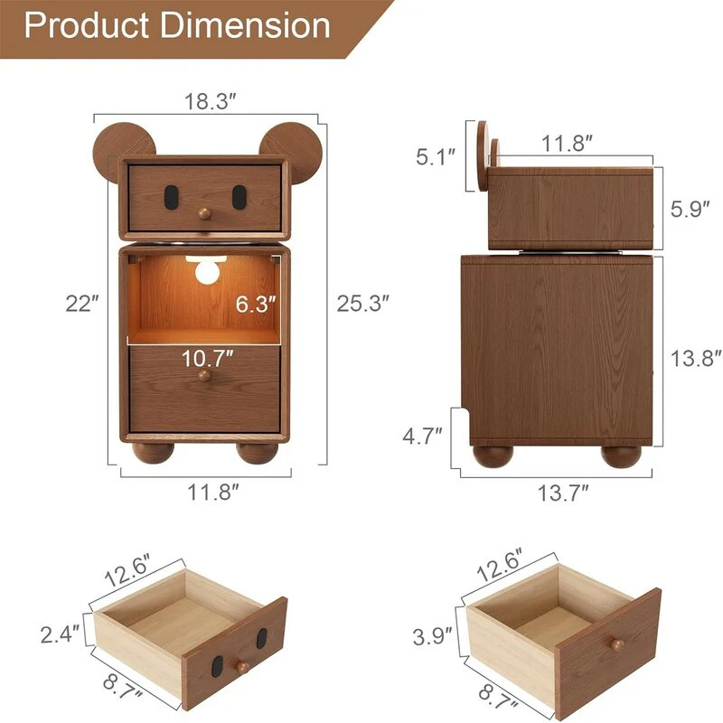 Solid Wood Nightstand with 2 Drawers Cute Alcove Children's Nightstand