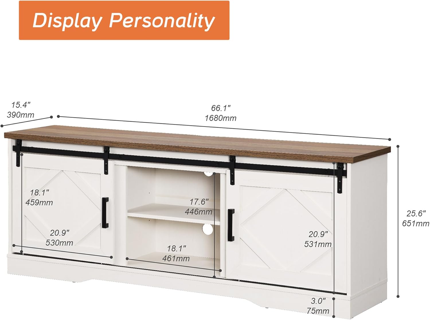 WAMPAT Modern Farmhouse TV Stand for TVs up to 75 with Sliding Barn Doors, 25.6 H Wood Entertainment Center with Adjustable Media Storage Shelf for Living Room, Antique White