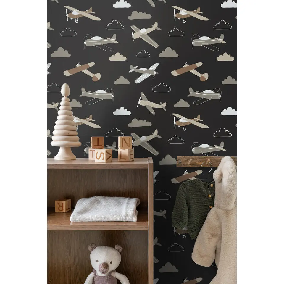 ESTAhome behang vliegtuigen zwart en bruin - 50 x 900 cm