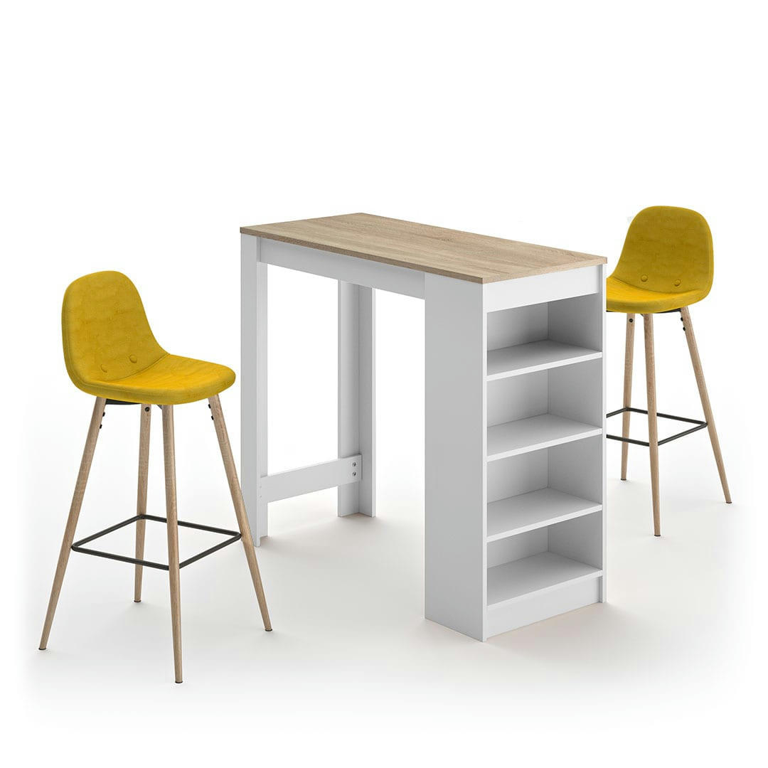 COCOON - Table bar effet bois blanc et chêne naturel - jaune