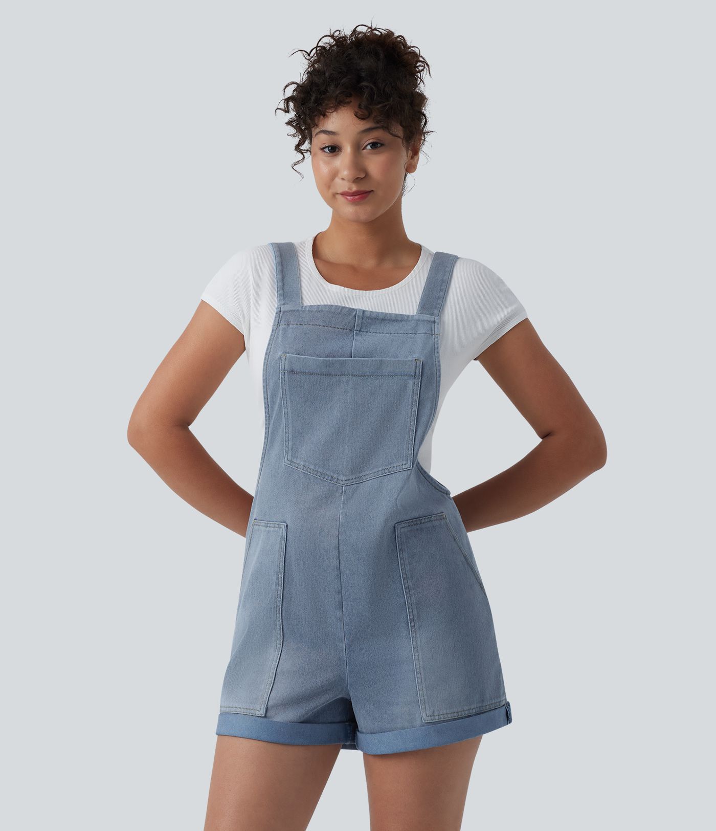 Halara Flex™ Salopette courte en denim encolure carrée ourlet retroussé avec poches
