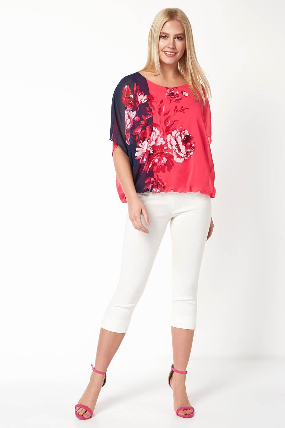 Roman Floral Contrast Print Bubblehem Chiffon Top