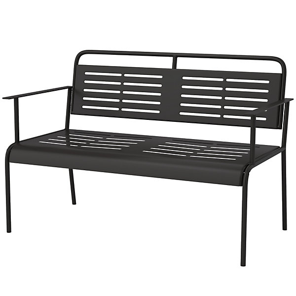 Banc de jardin 2 places en acier noir avec dossier et accoudoirs