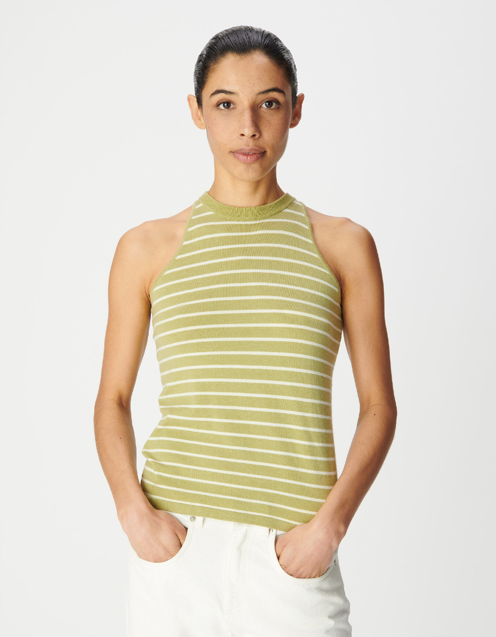 Pull sans manches vert motif rayures Femme