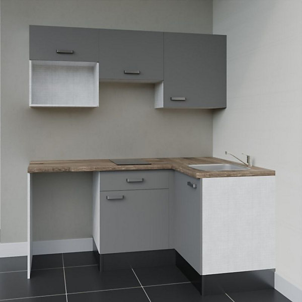 Kitchenette KA03 - 128 cm - Façades : Gris - Plan de travail : Bois - Crédences : Non - Evier