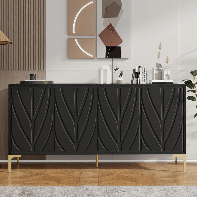 59.84 Carved Sideboard Buffet Cabinet with Press-to-Open Design for Dining Room or Living Room