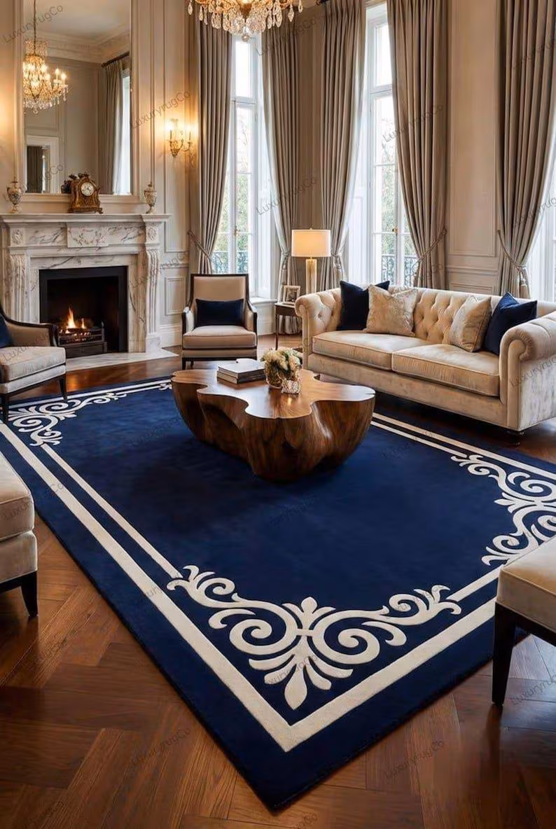 Secondary Keywords: Traditional ivory border rug, designer blue and cream rug, classic living room floor covering