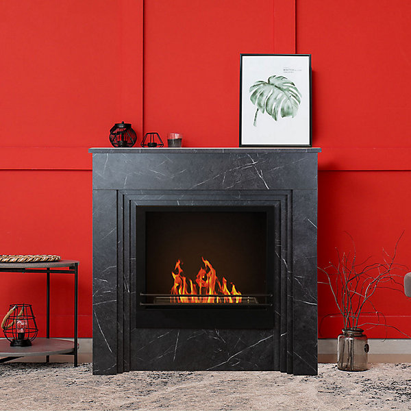 Cheminée bioéthanol sur pied BELLINI en bois effet marbre noir, fabriquée en Italie, L96xP35xH96