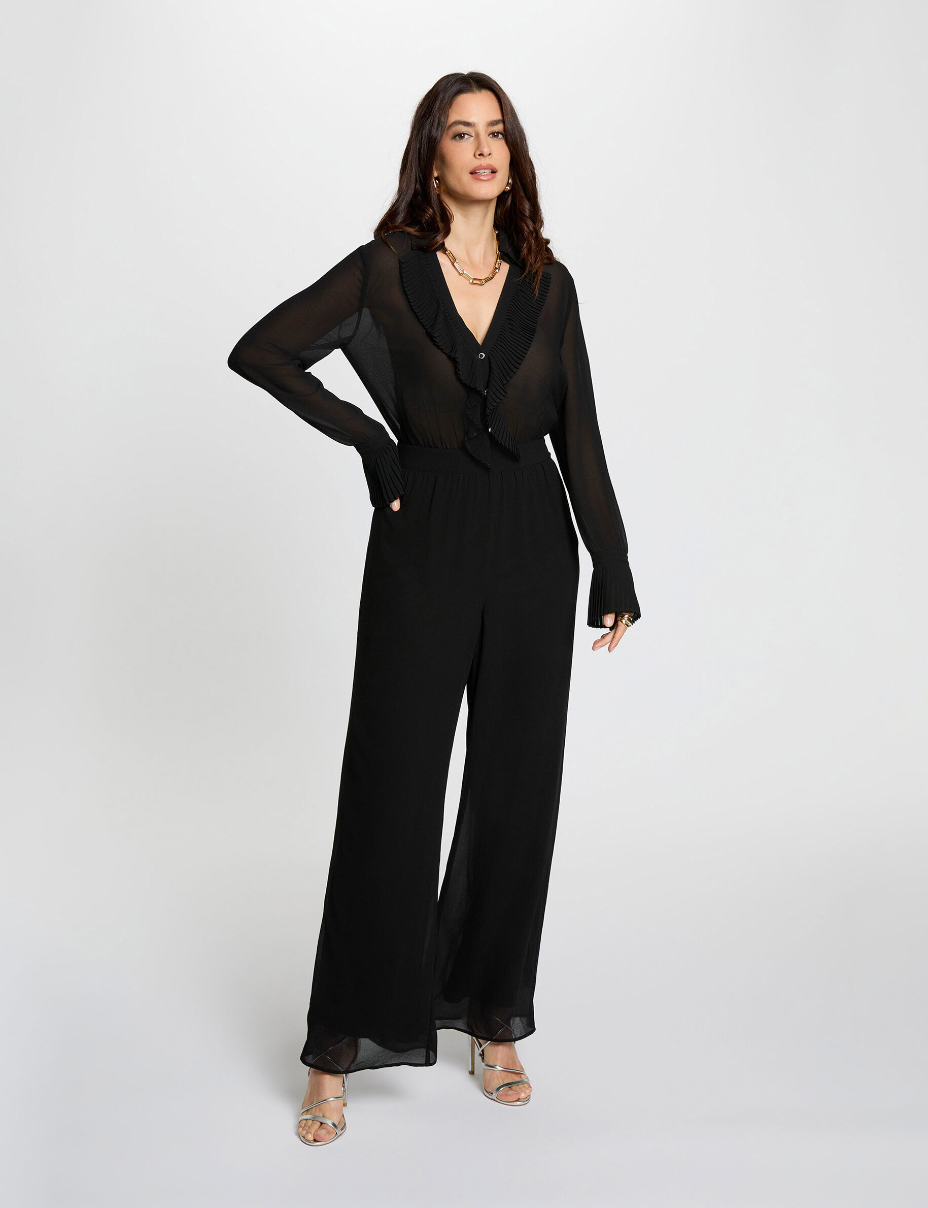 Flowy Jumpsuit With Lapel Collar Black Women