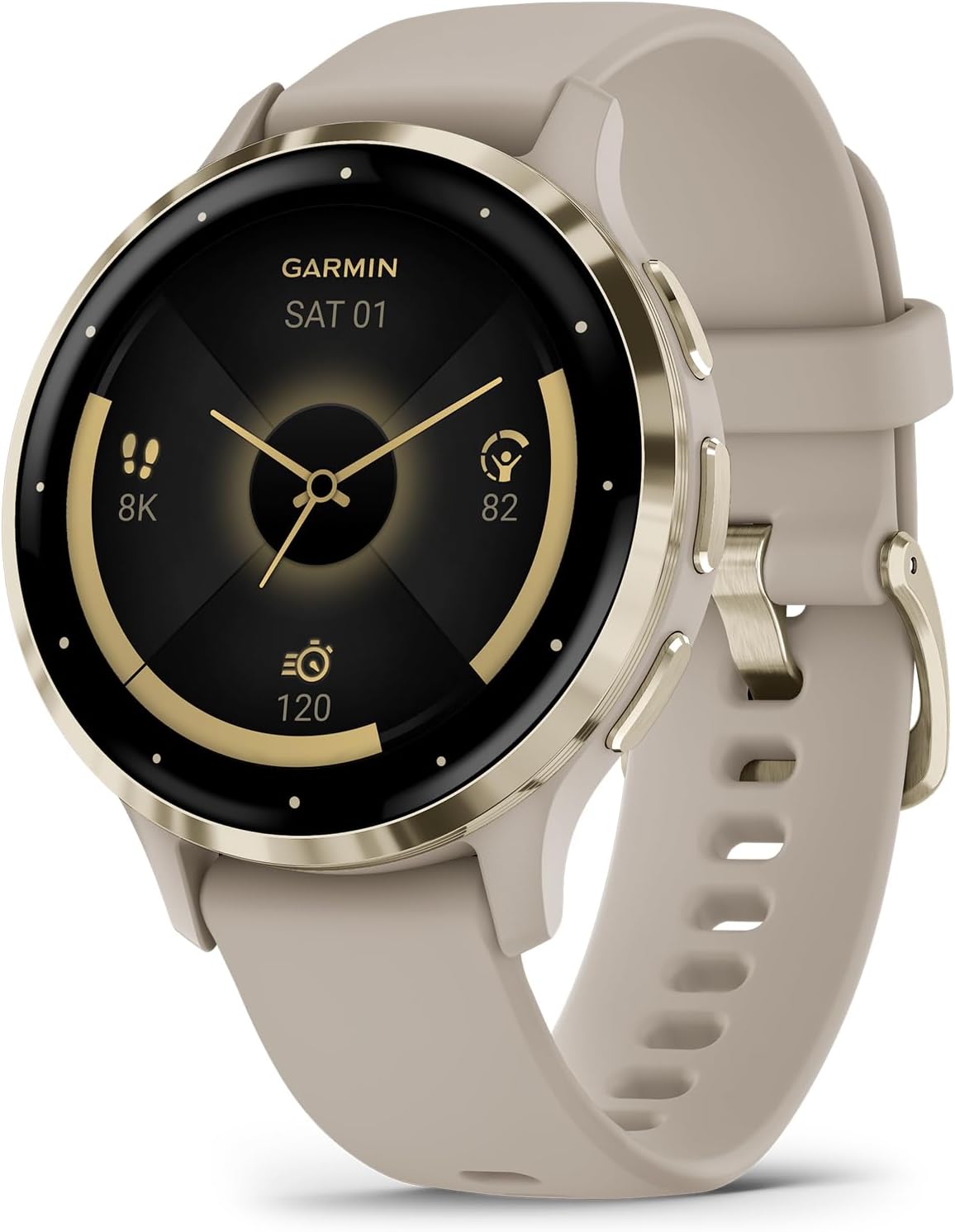 Garmin Venu 3S Soft Gold Stainless Steel Bezel 1.2-Inch AMOLED Touchscreen Display Smart Watch  Phone Supported with 41mm French Gray Case and Silicone Band